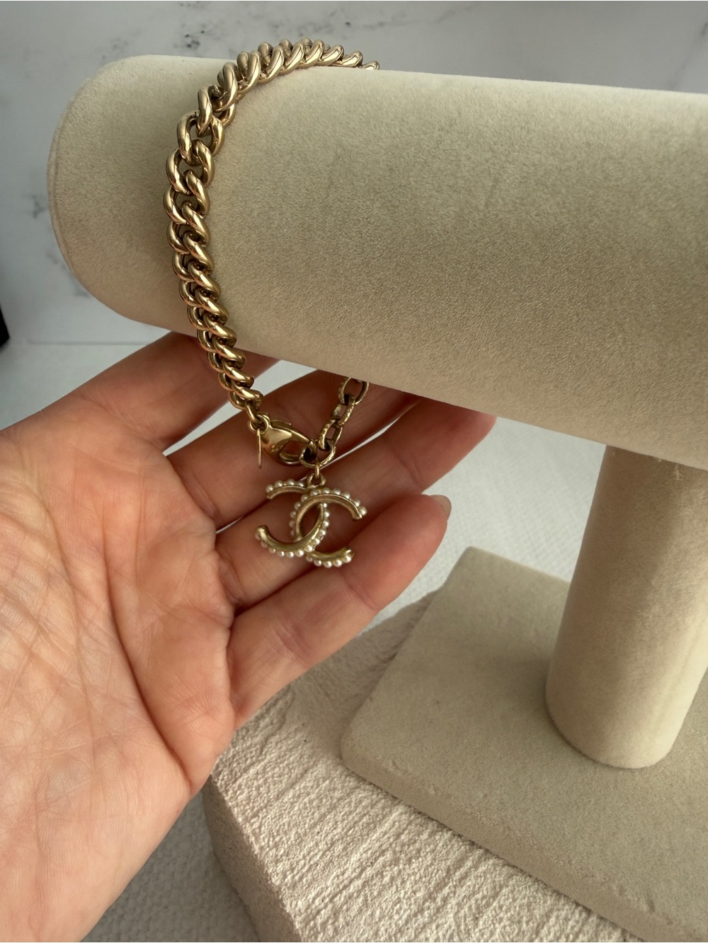 Chanel CC Gold-Tone Pearl Charm Chain Bracelet - Authentic